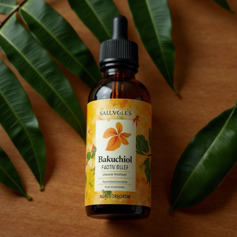 Óleo Facial Bakuchiol da Sallve em uma superfície de madeira com folhas de plantas.