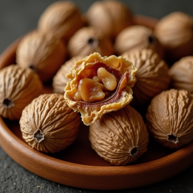 Olho de Sogra com nozes em bandeja de madeira.