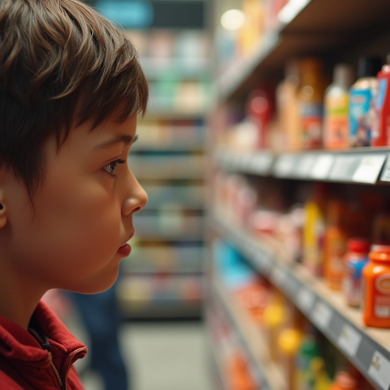 Olho observando display de produto colorido, representando o poder do visual.