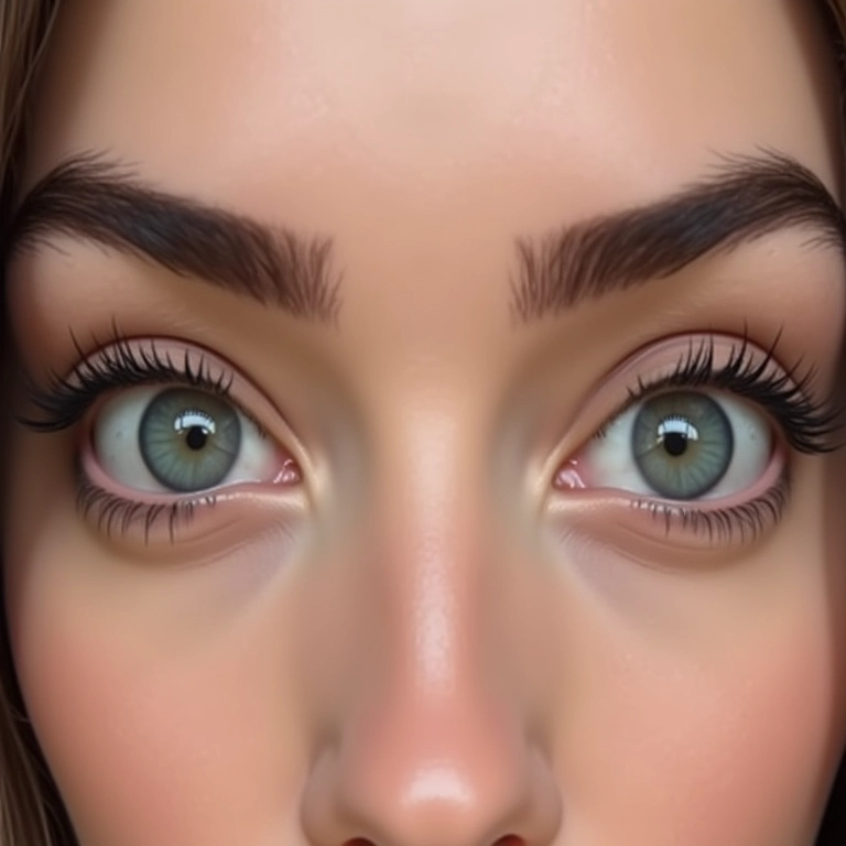 Olhos em destaque com sobrancelhas finas.