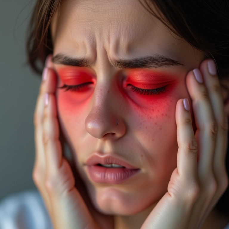 Olhos vermelhos e irritados de uma mulher, demonstrando inflamação ocular.