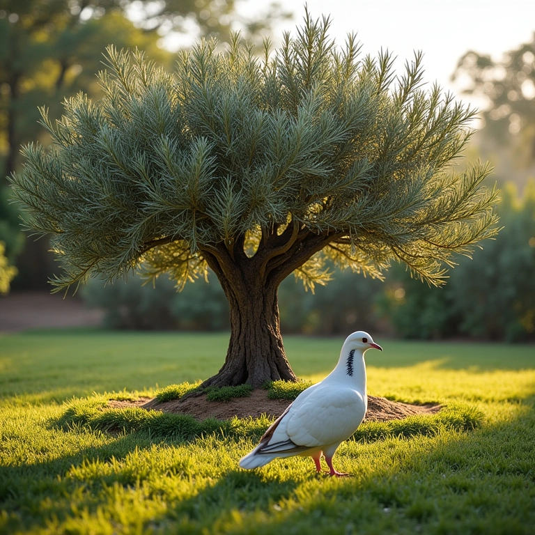 Oliveira em jardim brasileiro com pomba branca.