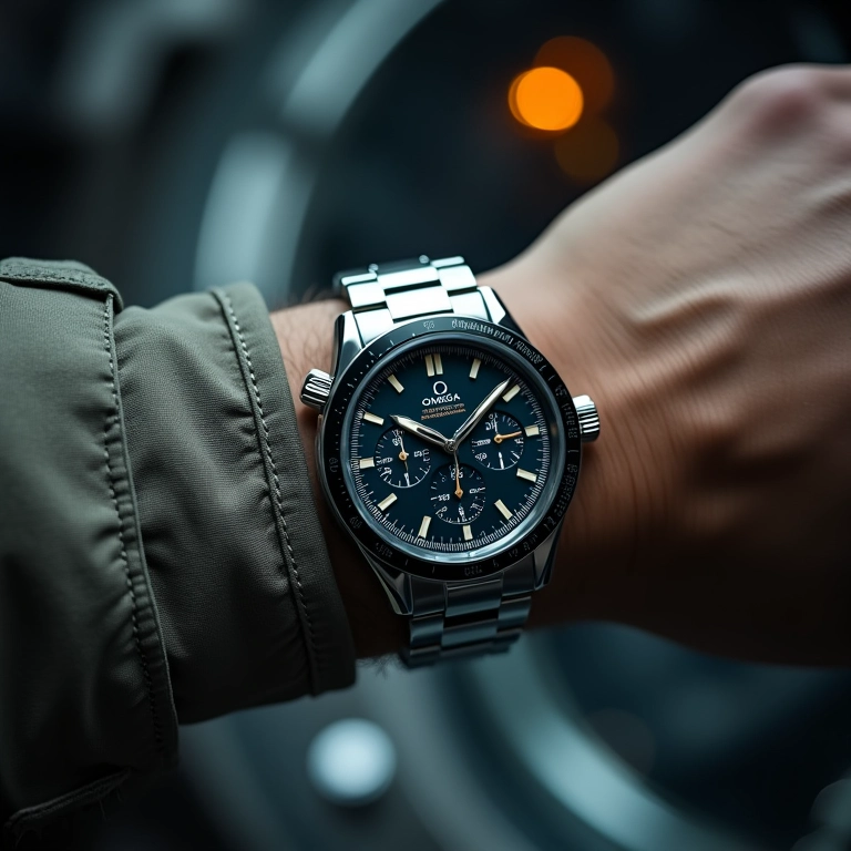 Omega Speedmaster no pulso de um astronauta, aprovado pela NASA para missões espaciais.