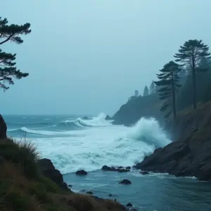 Onda gigante de tsunami atingindo a costa, destruindo edifícios e vegetação.