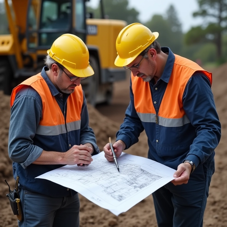 Operários da construção civil estudando desenhos técnicos detalhados.