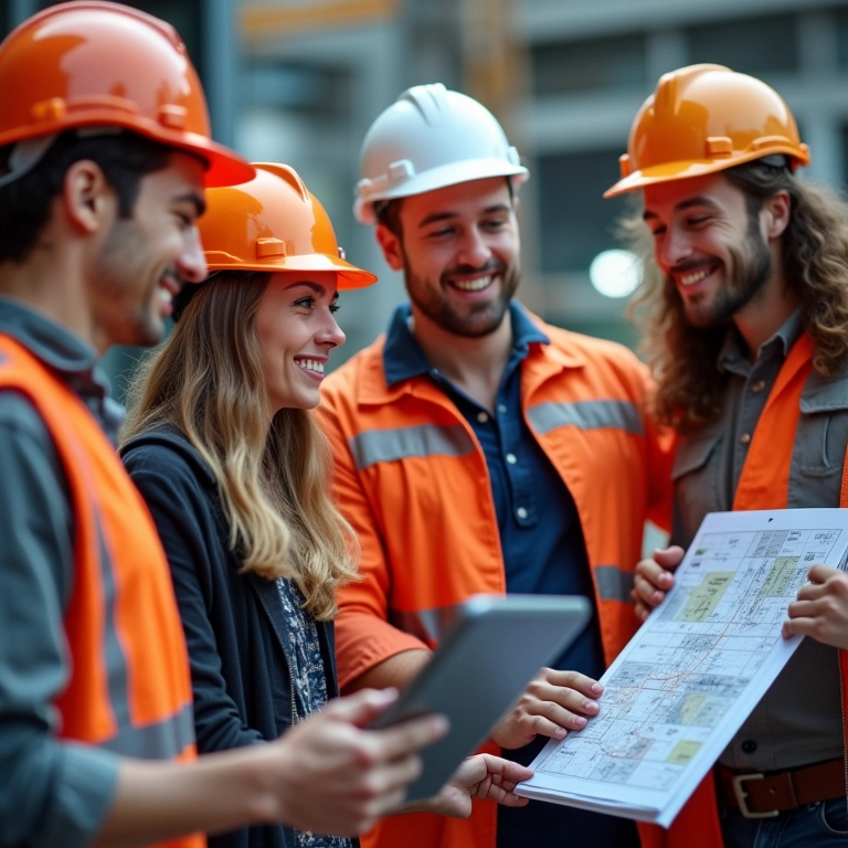 Operários seguindo plano de obra detalhado em tablet.