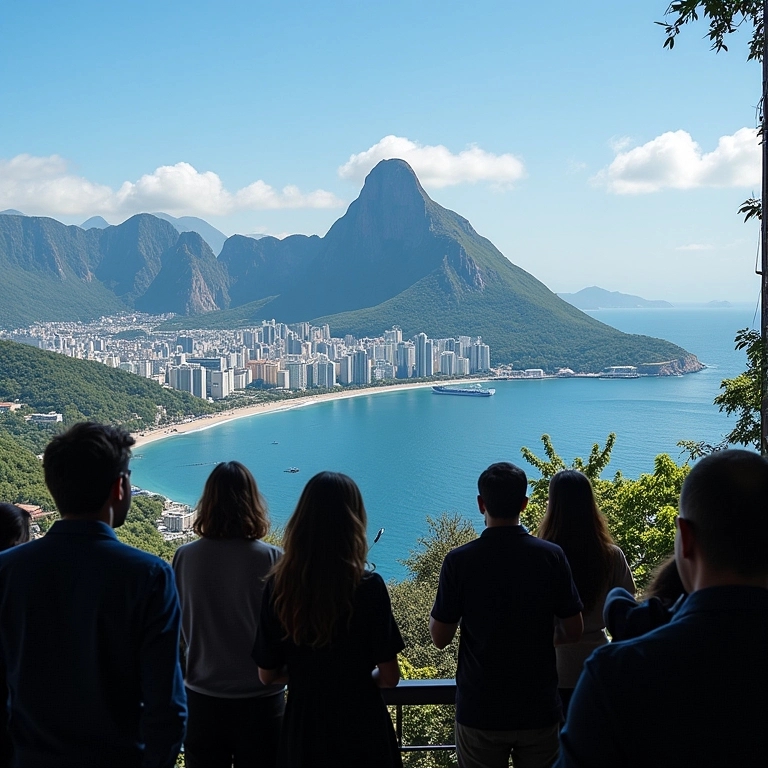 Oportunidades de networking no Web Summit Rio com o Rio de Janeiro ao fundo.