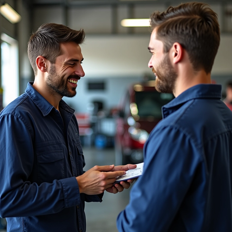 Orçamento para a troca da bateria do carro sendo apresentado por um mecânico.