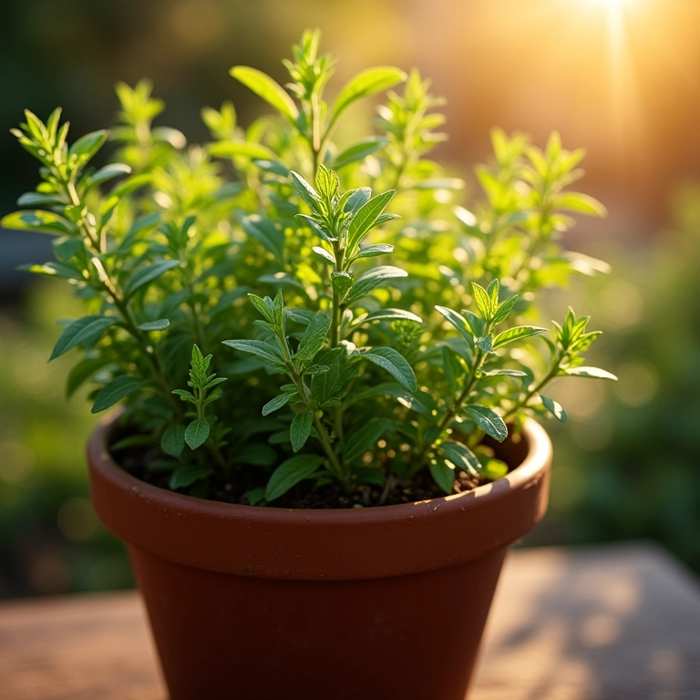 Orégano em vaso rústico sob o sol da tarde em horta caseira.