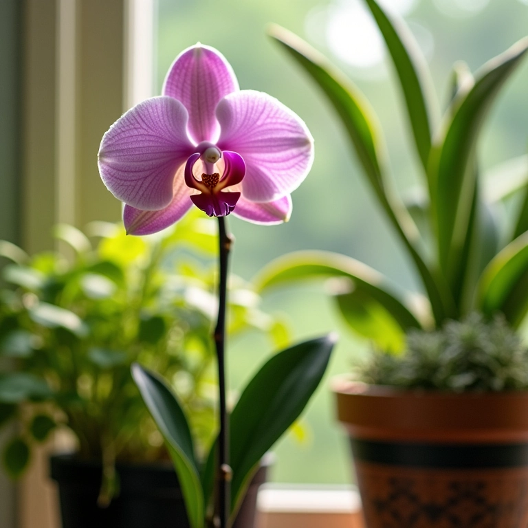 Orquídea ao lado de outras plantas sendo adubadas.