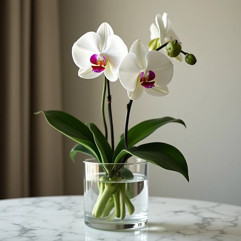 Orquídea delicada em vaso de vidro, representando o signo de Libra.