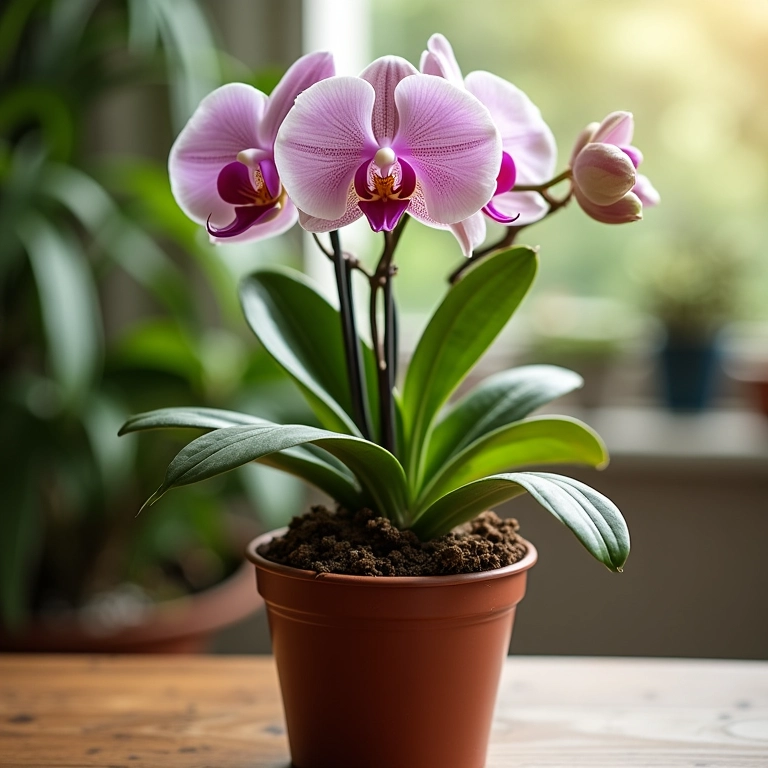 Orquídea em vaso com adubo orgânico: farinha de osso e húmus.