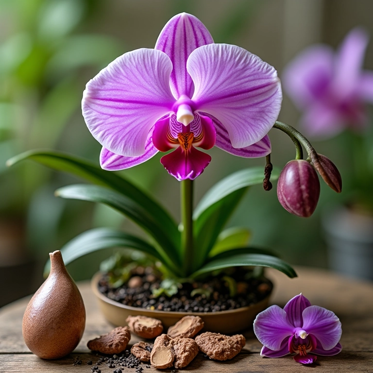 Orquídea florida cercada por diferentes adubos.
