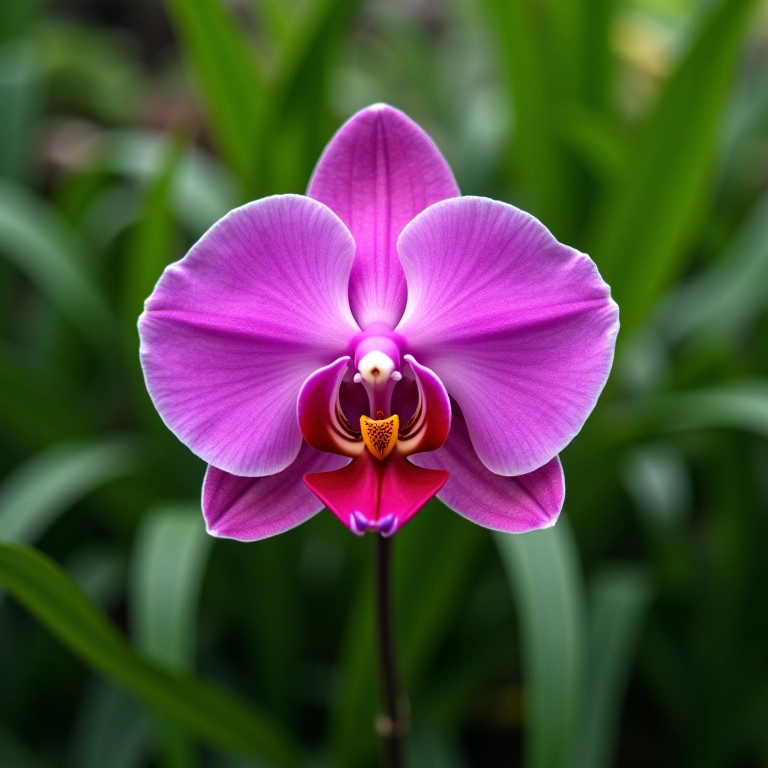Orquídea rosa vibrante contra fundo verde.