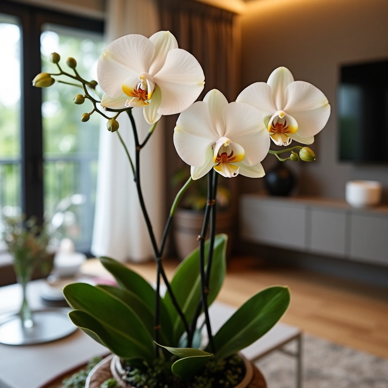 Orquídeas artificiais elegantes em uma sala de estar brasileira.