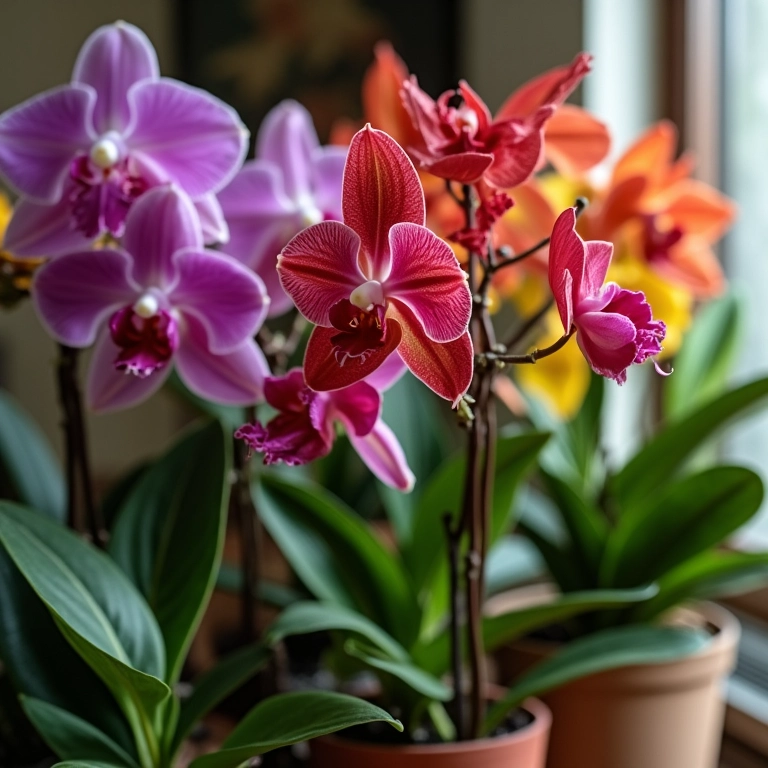 Orquídeas e antúrios com cores vibrantes decorando a sala de estar.