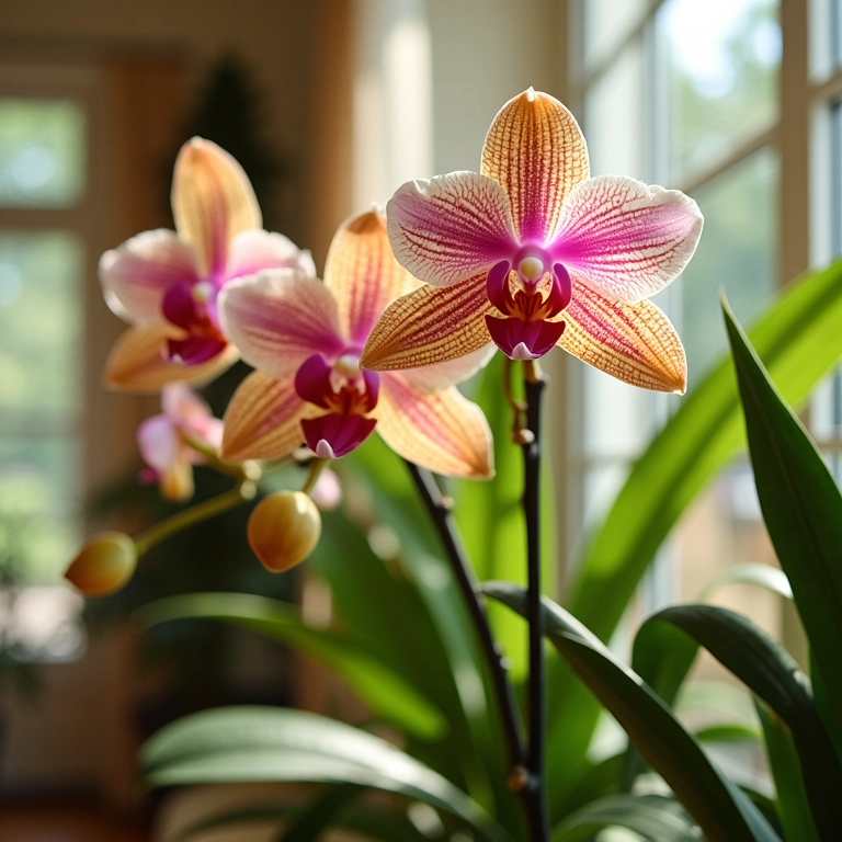 Orquídeas elegantes em casa brasileira iluminada.