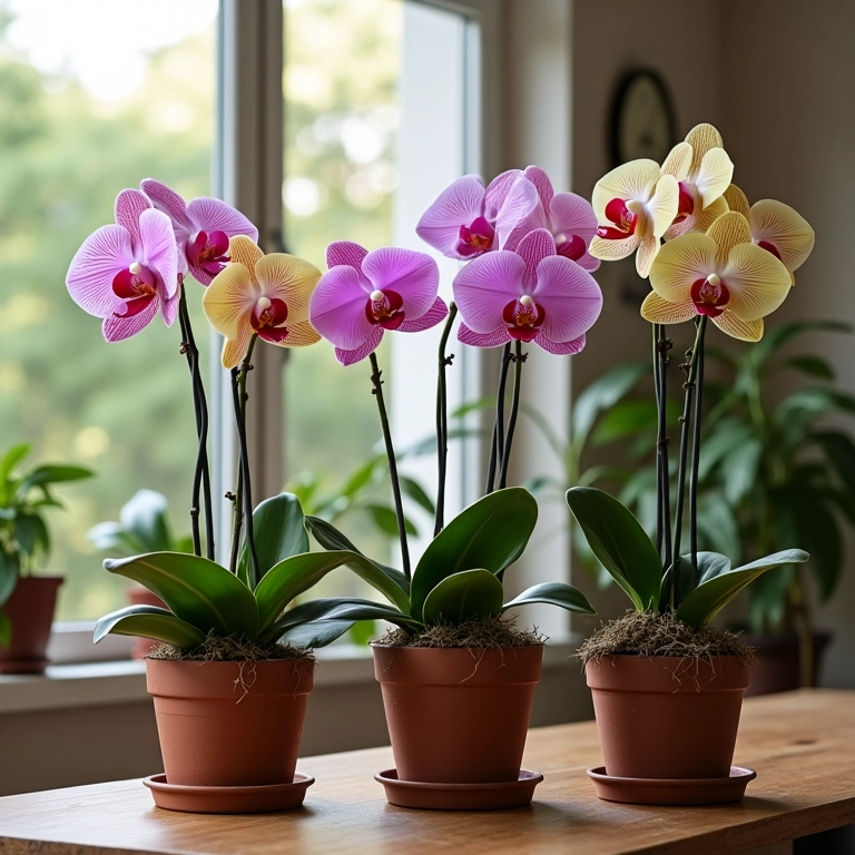 Orquídeas em vasos com manta de drenagem.