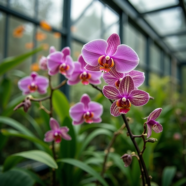 Orquídeas exóticas florescendo em um jardim de inverno envidraçado.