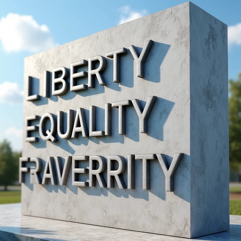 Os ideais de Liberdade, Igualdade e Fraternidade gravados em um monumento.