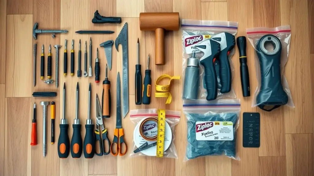 Overhead shot of a well-organized toolkit laid out on a wooden floor, including various Kit de ferramentas organizado para desmontar guarda-roupa, incluindo chaves, martelo e sacos para parafusos.