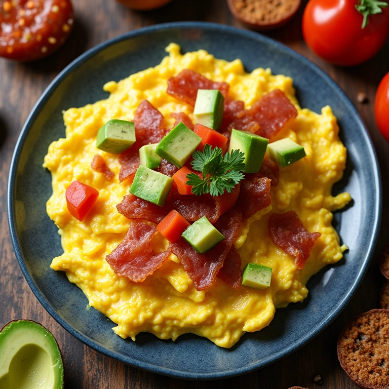 Ovos mexidos com bacon, abacate e salsa.