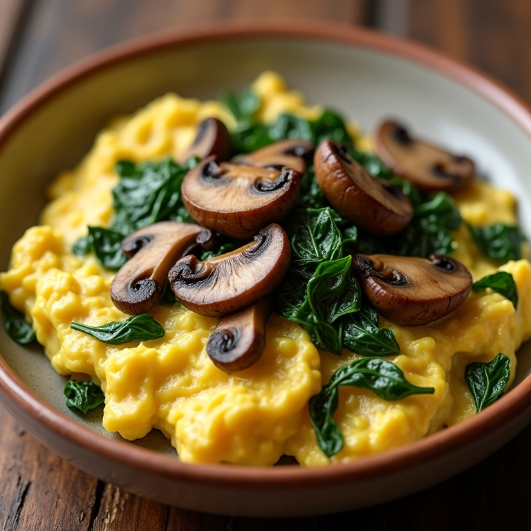 Ovos mexidos com cogumelos e espinafre.