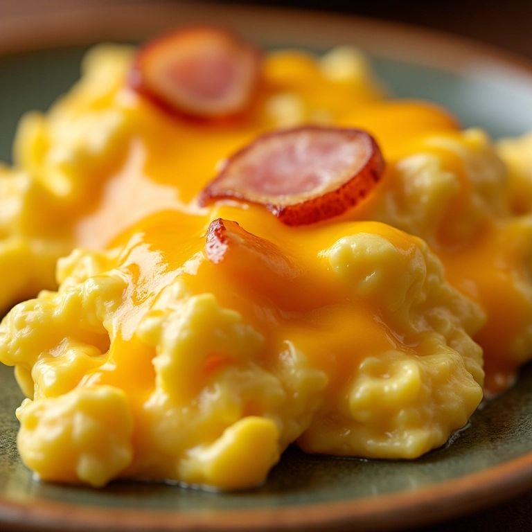 Ovos mexidos com queijo e presunto derretidos.