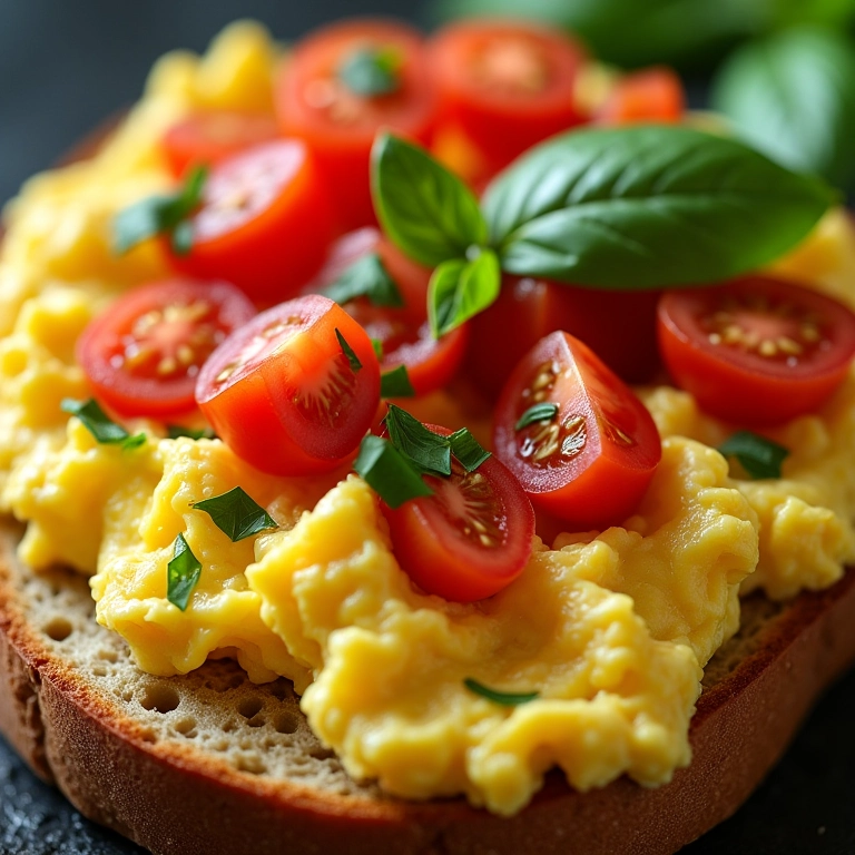 Ovos mexidos com tomate e manjericão frescos.