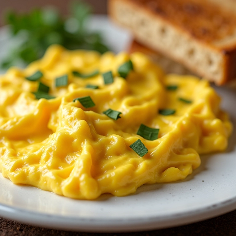 Ovos mexidos cremosos no ponto perfeito.