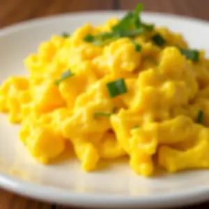 Ovos mexidos perfeitos com chives em prato branco.