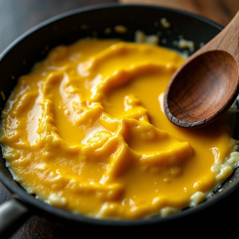 Ovos mexidos sendo preparados com manteiga e azeite.