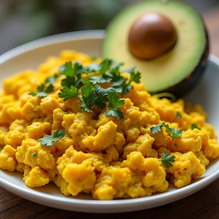 Ovos mexidos veganos com tofu e cúrcuma.