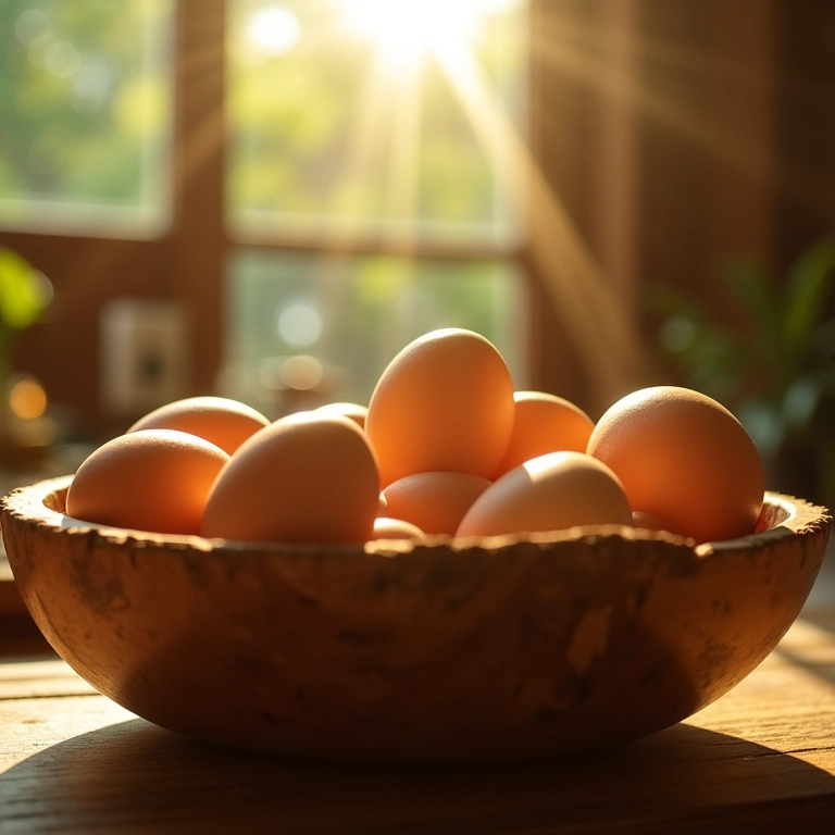 Ovos orgânicos frescos em tigela de madeira rústica.