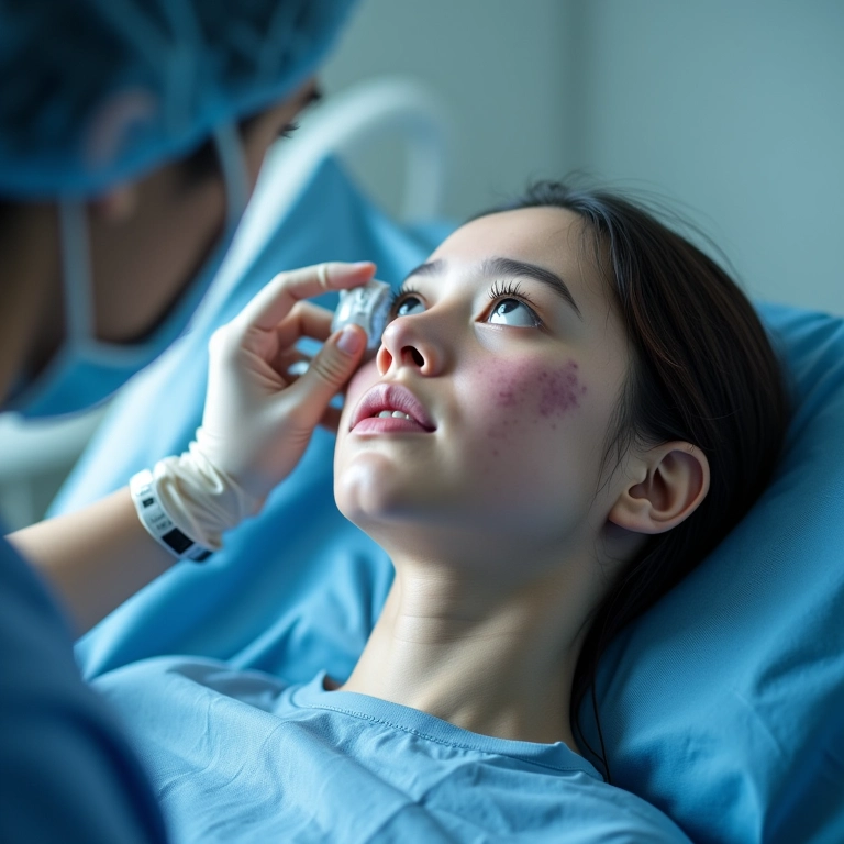 Paciente recebendo tratamento de fototerapia para psoríase em ambiente médico.