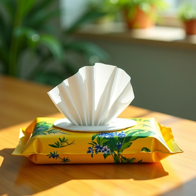 Pacote de lenços umedecidos em uma mesa colorida.