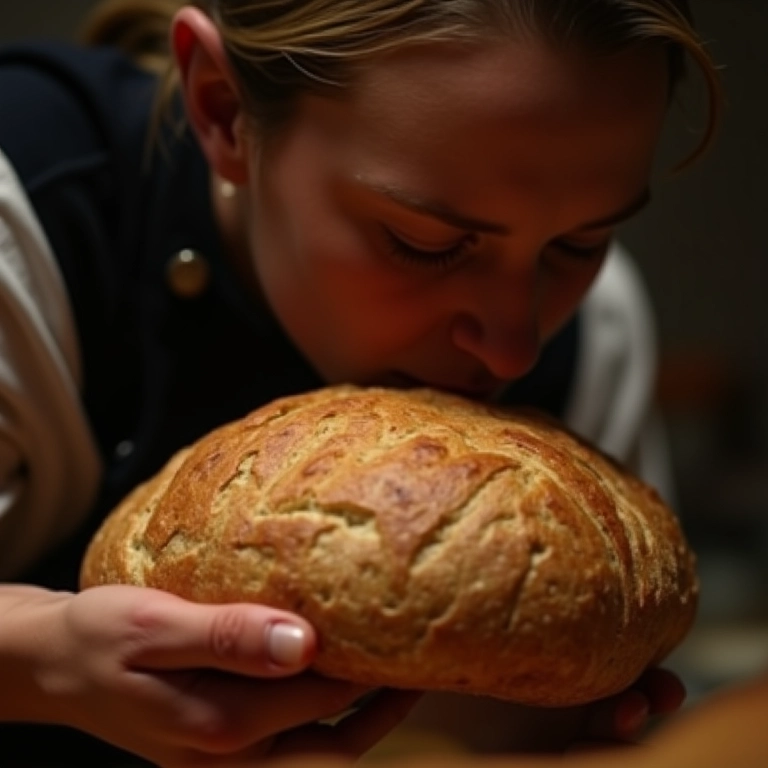 Padeiro cheirando pão de fermentação natural fresco, aroma inigualável.