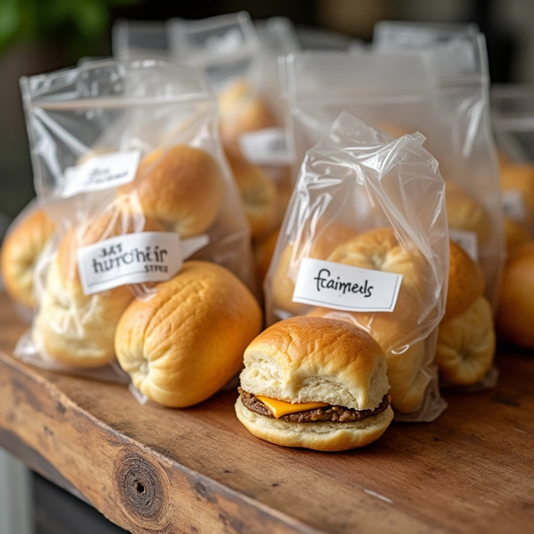 Pães recheados congelados em sacos plásticos.