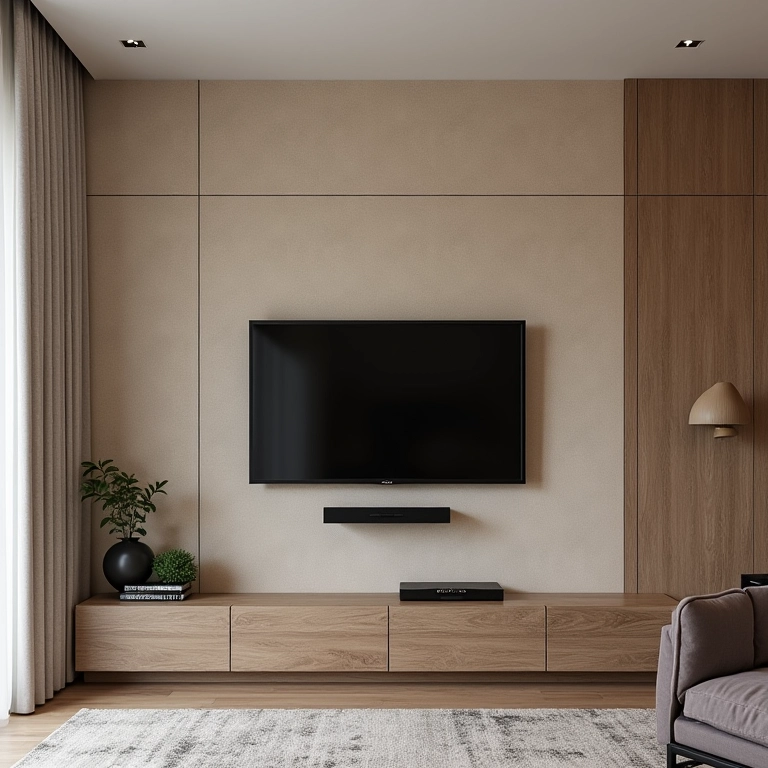 Painéis acústicos em uma sala de TV moderna para melhorar a qualidade do som.