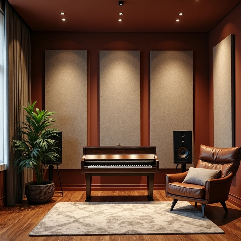 Painéis de tratamento acústico em sala de música moderna.