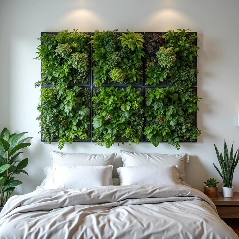 Painéis modulares de jardim vertical em quarto.