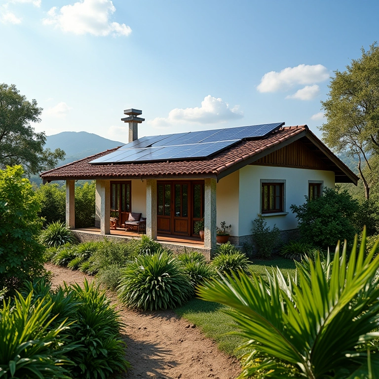 Painéis solares e sistema de captação de água de chuva em uma casa de fazenda brasileira.