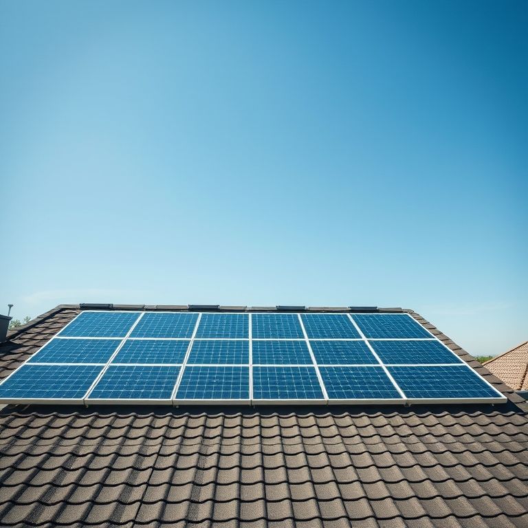 Painéis solares no telhado com céu azul.
