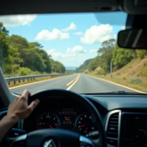 Painel de carro moderno em piloto automático, rodovia brasileira ensolarada.