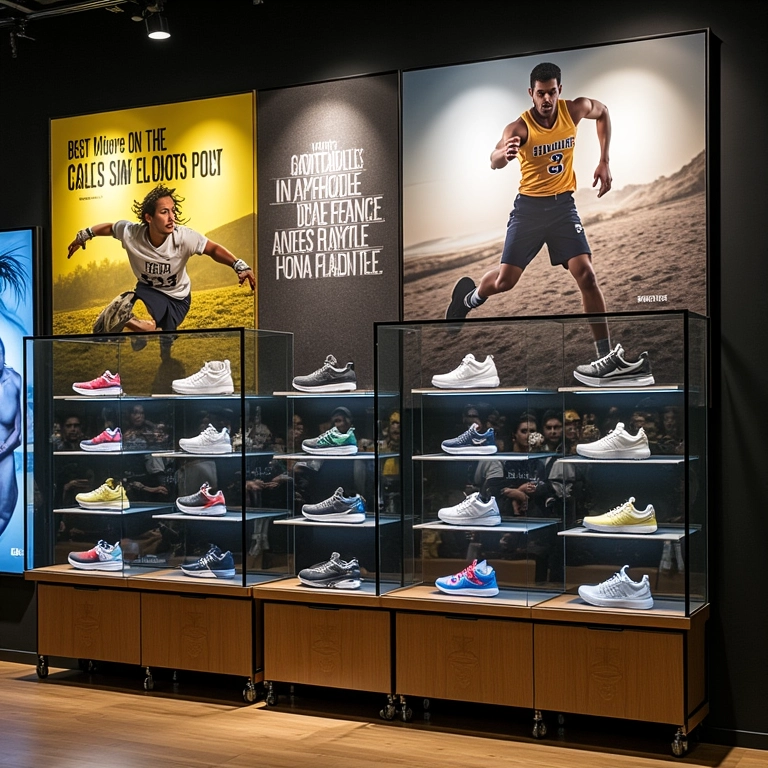 Painel de inspiração em loja de artigos esportivos com tema brasileiro.