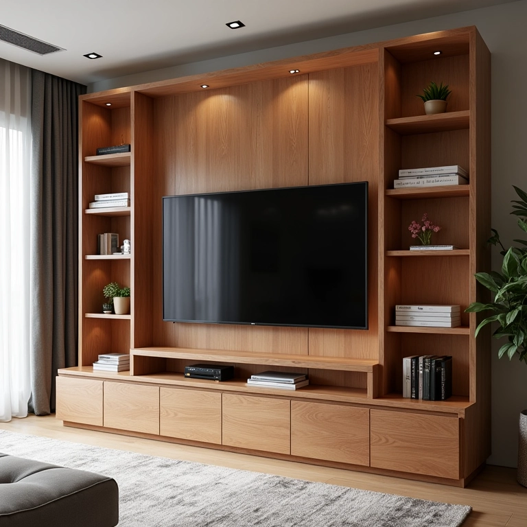 Painel de madeira para TV em sala pequena: elegância e organização.
