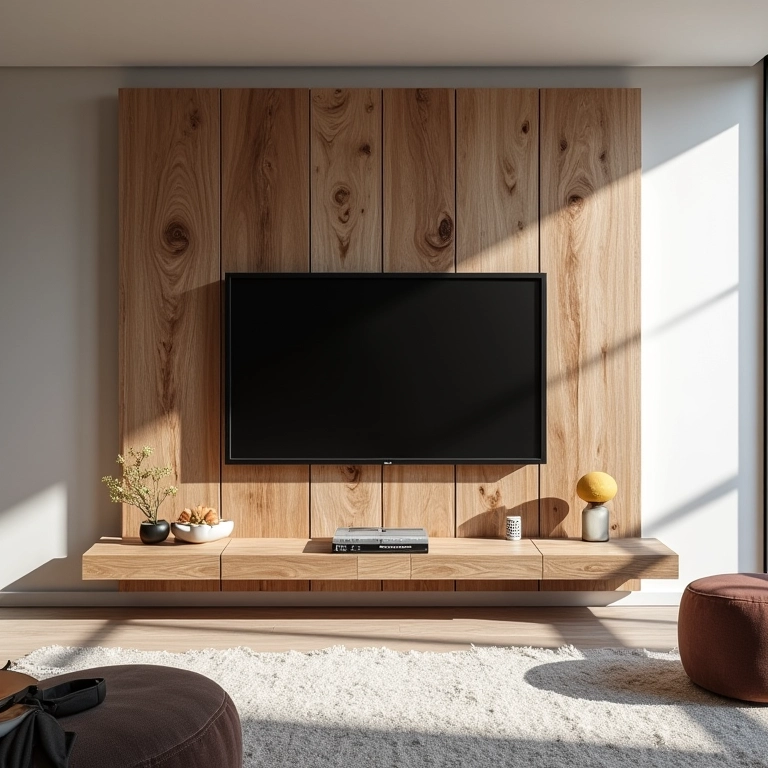 Painel de TV rústico feito de madeira de demolição em uma sala de estar moderna.