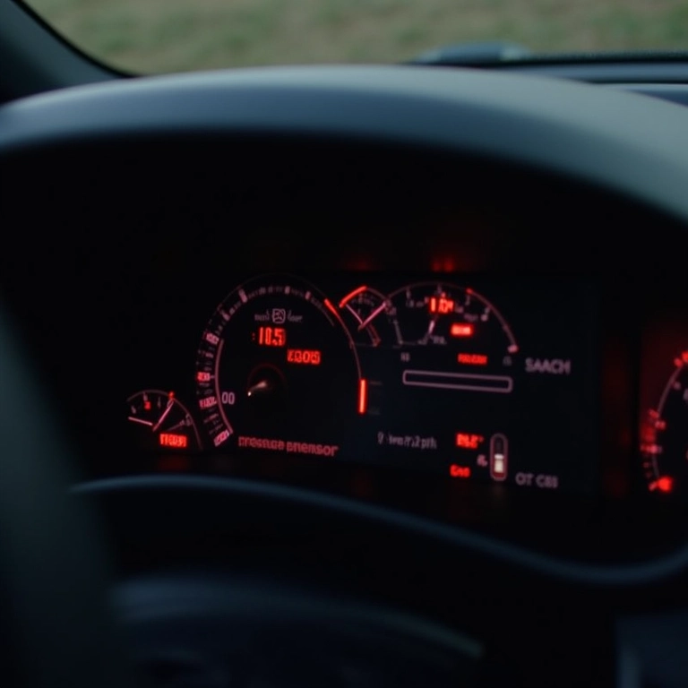 Painel de um carro mostrando luzes de advertência relacionadas a problemas no sensor de pressão.
