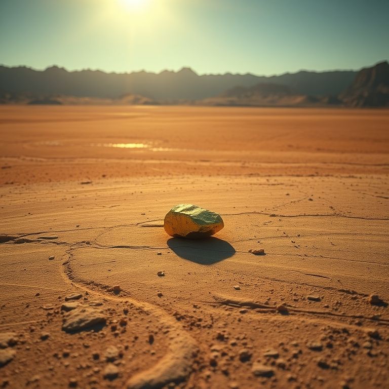 Paisagem árida com uma pepita de ouro brilhando, representando a escassez do ouro.