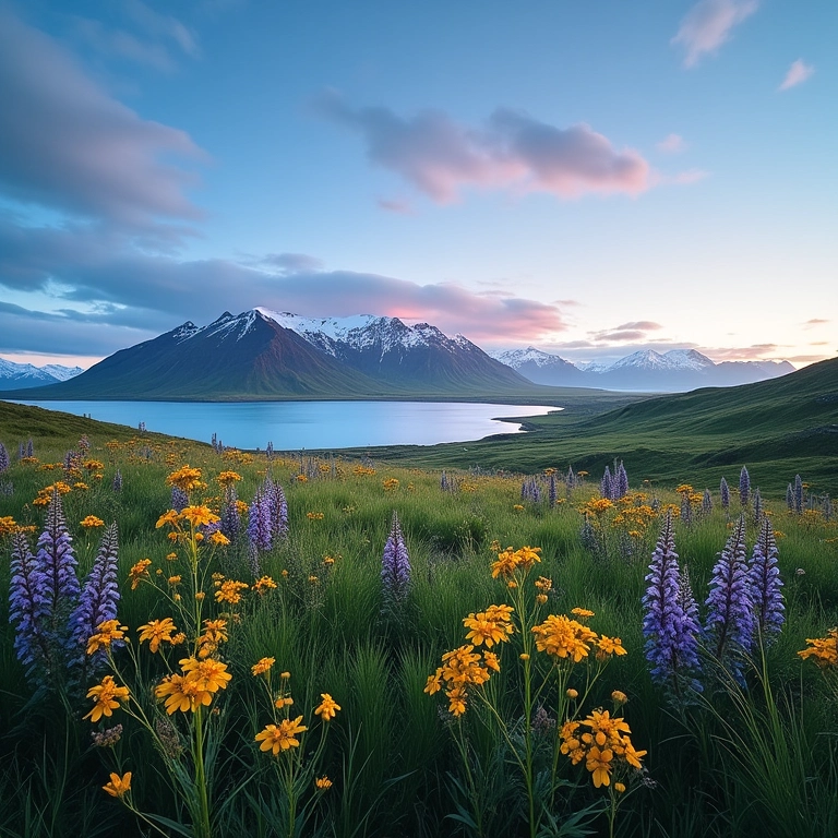Paisagem da Groenlândia no verão com o sol da meia-noite.